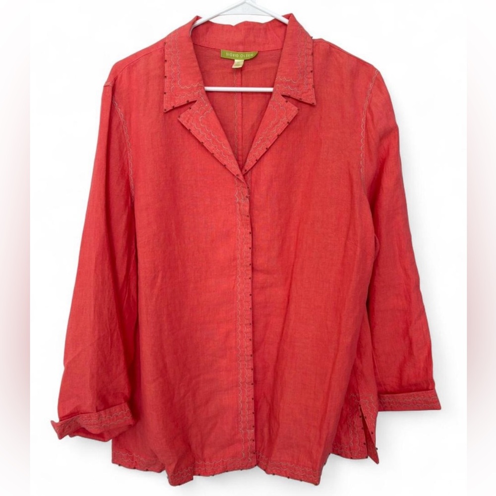 Women Sigrid Olsen Beaded Embroidered Button Down Linen Blouse XL Relaxed Casual